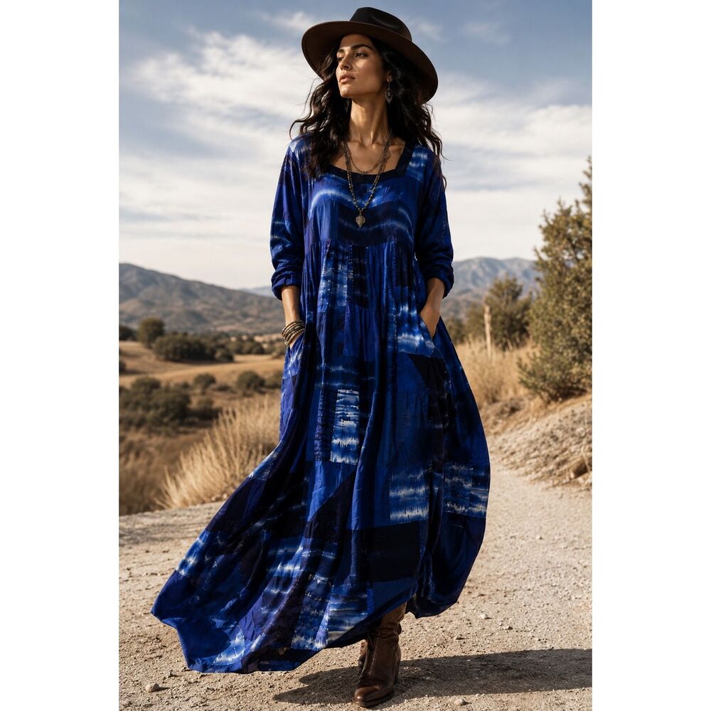 Vintage Y2K Patchwork Rayon Cocoon Maxi Dress Blue Artsy Boho XL Lagenlook Boho